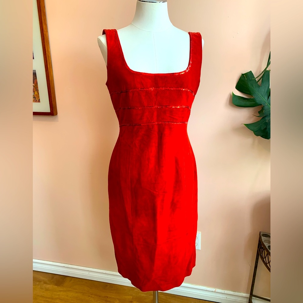 Vintage 1990’s Deadstock Danier Leather Red Suede & Sequinned Dress